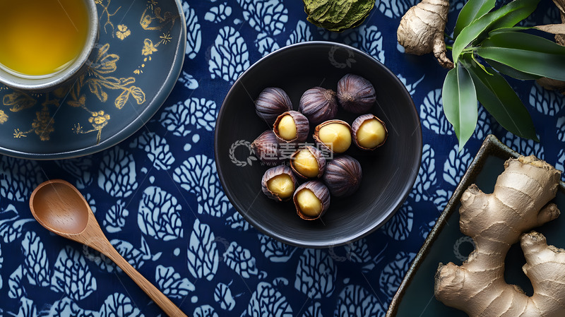 高清大图下载【趣麦麦图】栗子生姜搭配茶具蓝色背景秋季养生美食图