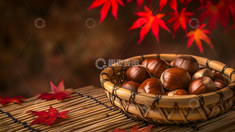 高清大图下载【趣麦麦图】秋季栗子竹篮枫叶装饰温馨美食图