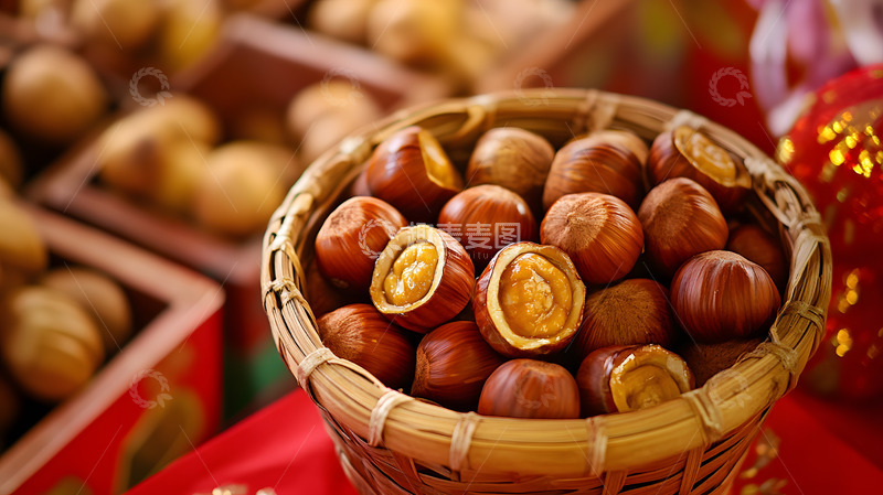 高清大图下载【趣麦麦图】开口栗子竹篮红色节庆装饰秋冬美食图