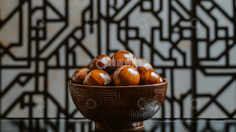 高清大图下载【趣麦麦图】现代几何背景栗子碗传统与现代结合美食图