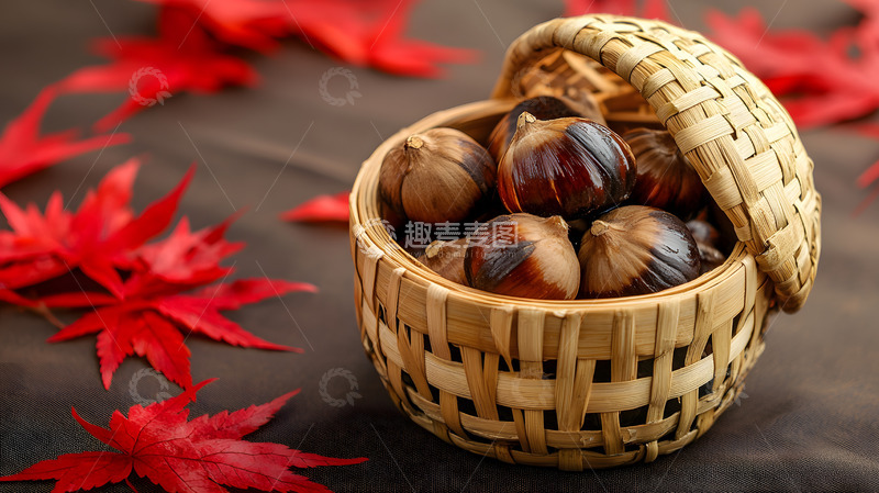 高清大图下载【趣麦麦图】小篮栗子红枫叶秋季自然装饰美食图