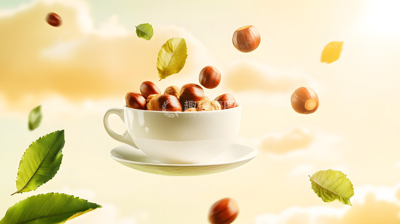 高清大图下载【趣麦麦图】漂浮栗子创意杯子秋季明亮氛围美食图