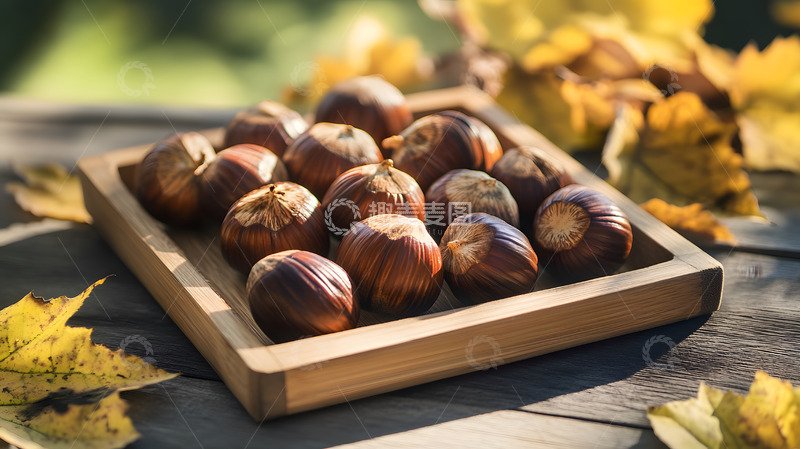 高清大图下载【趣麦麦图】秋季栗子落叶背景自然光户外美食图