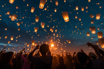 放孔明灯的人群