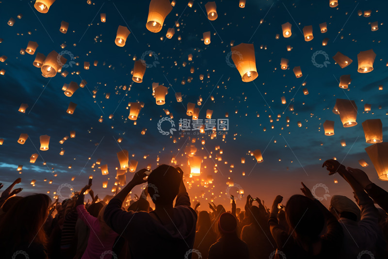 高清大图下载【趣麦麦图】放孔明灯的人群