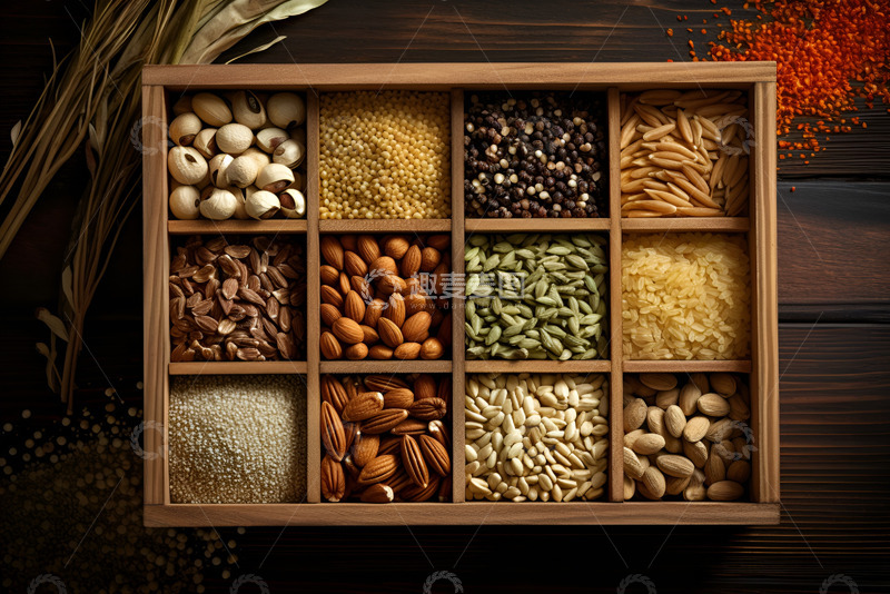 高清大图下载【趣麦麦图】放在木盒子里的五谷