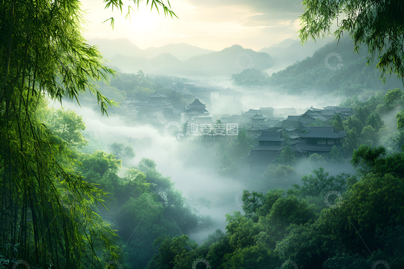 高清大图下载【趣麦麦图】竹林山雾中的古镇
