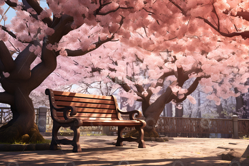 高清大图下载【趣麦麦图】樱花树下的长椅