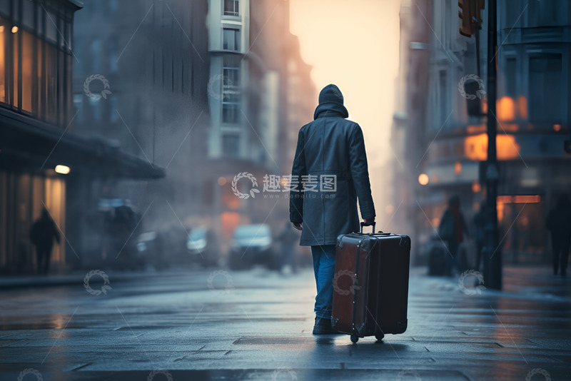 高清大图下载【趣麦麦图】提着行李箱行走在街道上的人