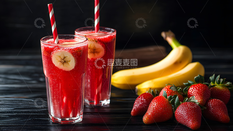 高清大图下载【趣麦麦图】草莓香蕉果汁健康饮品配水果特写图