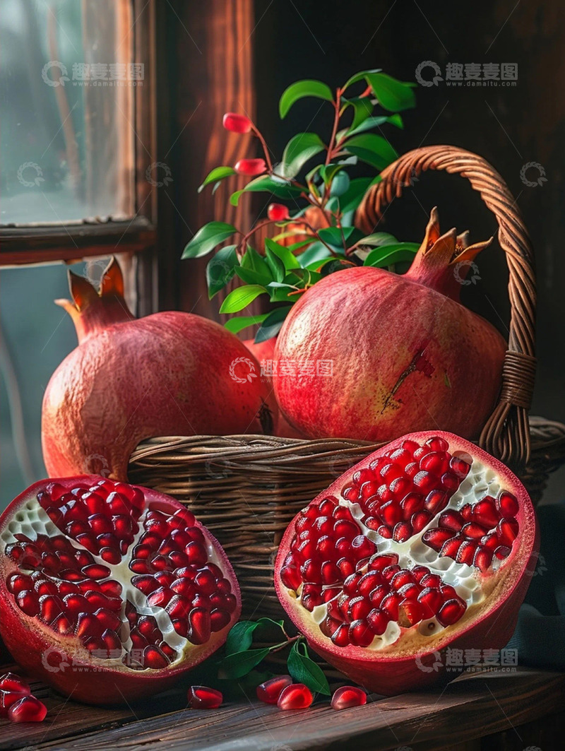 高清大图下载【趣麦麦图】室内窗边篮子红色石榴实拍