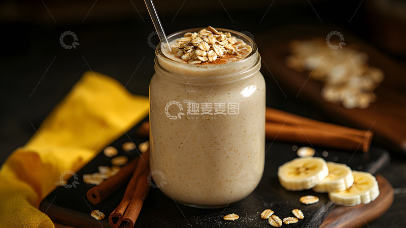 高清大图下载【趣麦麦图】燕麦香蕉肉桂奶昔健康饮品深色背景特写