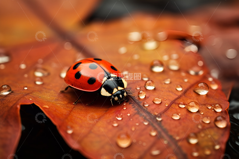 高清大图下载【趣麦麦图】枫叶上的七星瓢虫