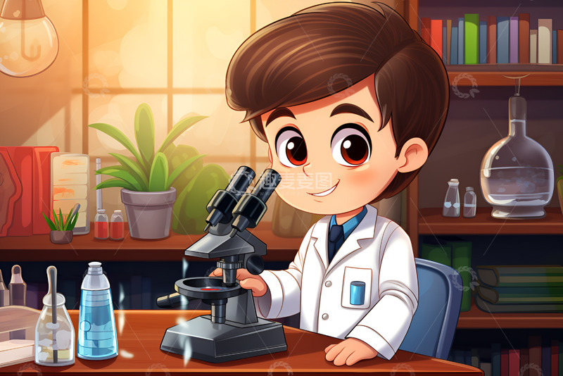 高清大图下载【趣麦麦图】卡通简约拿着显微镜观察的实验员