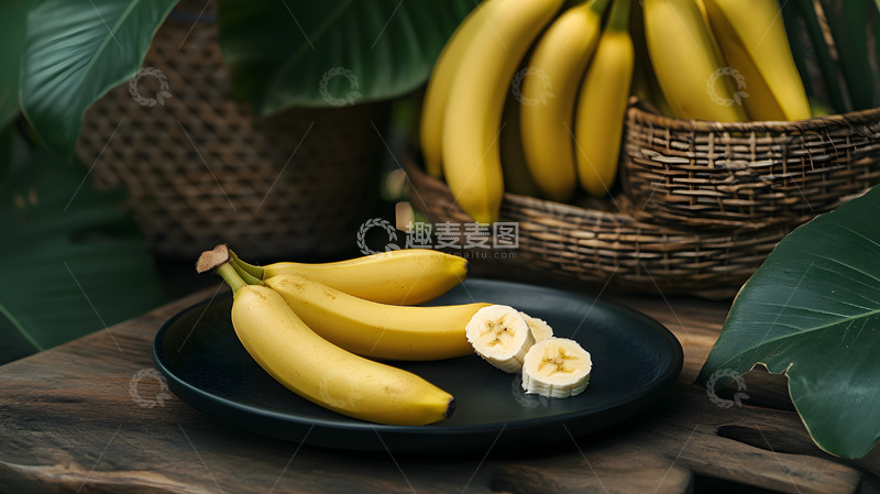 高清大图下载【趣麦麦图】香蕉静物健康水果篮绿色植物背景