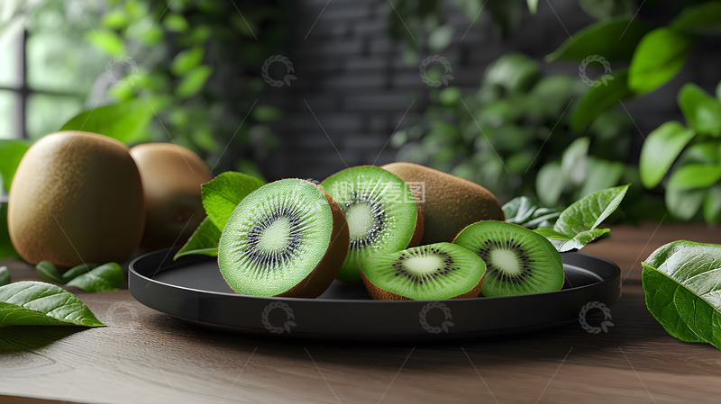 高清大图下载【趣麦麦图】植物背景中的猕猴桃切片自然清新水果图