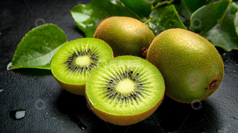 高清大图下载【趣麦麦图】带叶子的绿色猕猴桃切片清新水果图