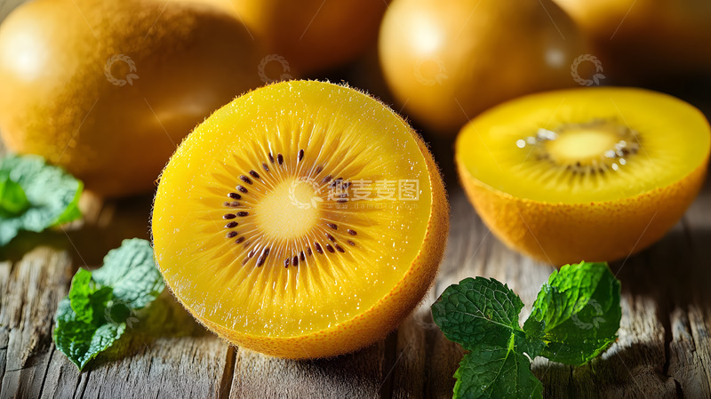 高清大图下载【趣麦麦图】整颗金黄猕猴桃切半木质背景健康水果图