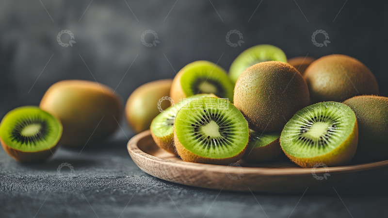高清大图下载【趣麦麦图】木盘绿色猕猴桃切片与整颗水果图