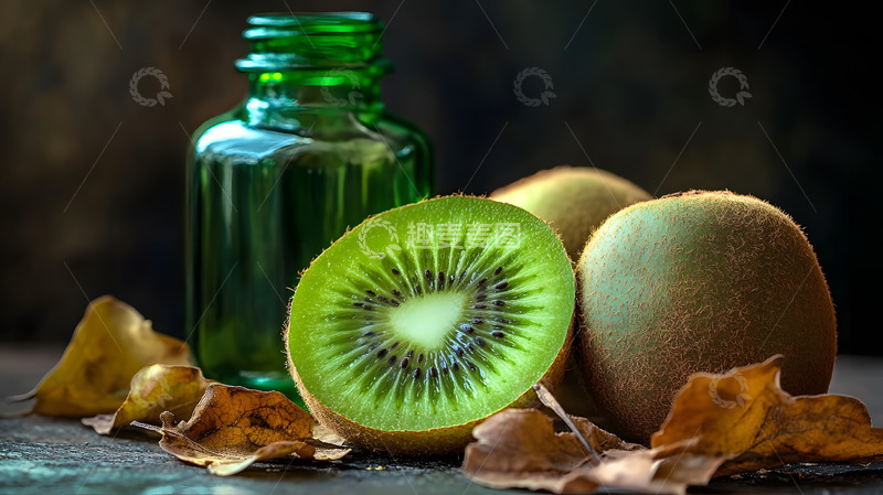 高清大图下载【趣麦麦图】猕猴桃与绿色瓶子及枯叶装饰水果图