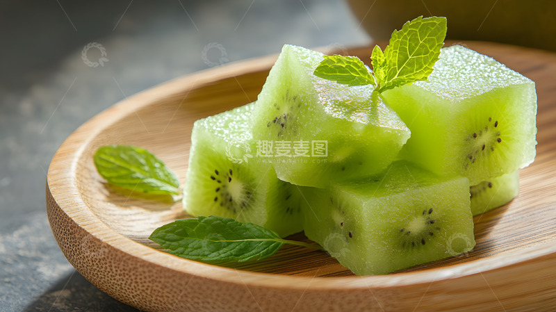 高清大图下载【趣麦麦图】-绿色猕猴桃方块与薄荷叶清新水果图
