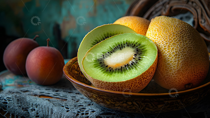 高清大图下载【趣麦麦图】木篮中的绿色切半猕猴桃和黄色猕猴桃水果图