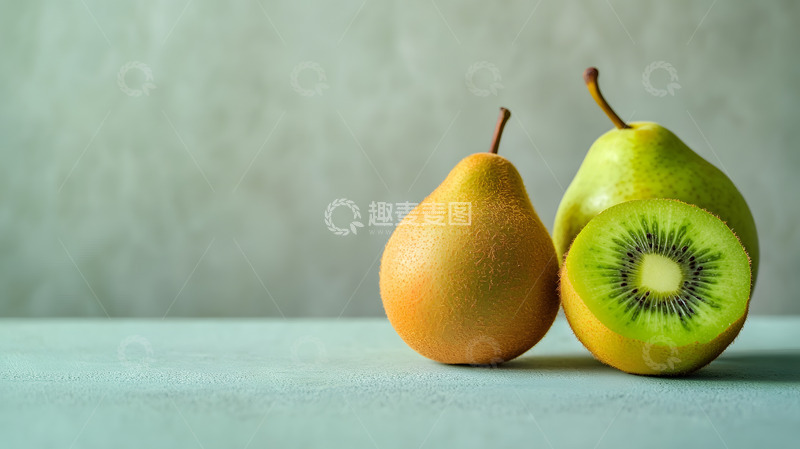 高清大图下载【趣麦麦图】梨与半个绿色猕猴桃健康水果图