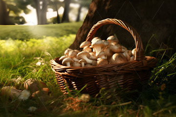 草地上的一篮子蘑菇