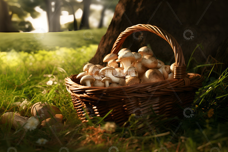 高清大图下载【趣麦麦图】草地上的一篮子蘑菇