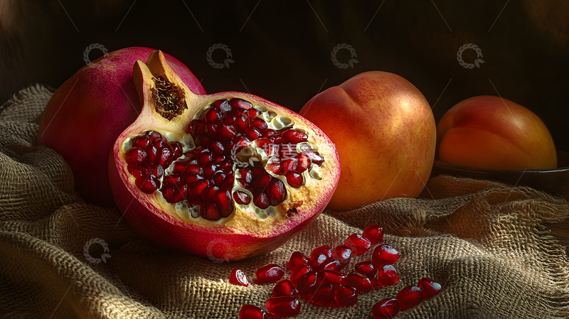高清大图下载【趣麦麦图】切开石榴健康水果温暖暗色背景静物特写