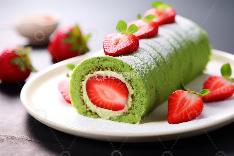 高清大图下载【趣麦麦图】-草莓抹茶蛋糕卷