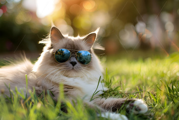 布偶猫带着眼镜躺在草地上