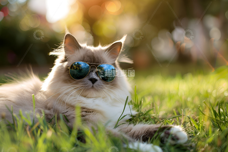 布偶猫带着眼镜躺在草地上