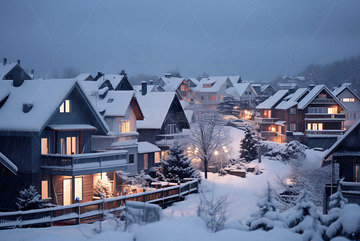 冬季积雪覆盖的乡村小镇