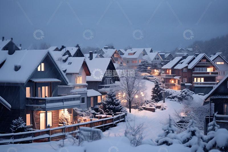 高清大图下载【趣麦麦图】冬季积雪覆盖的乡村小镇