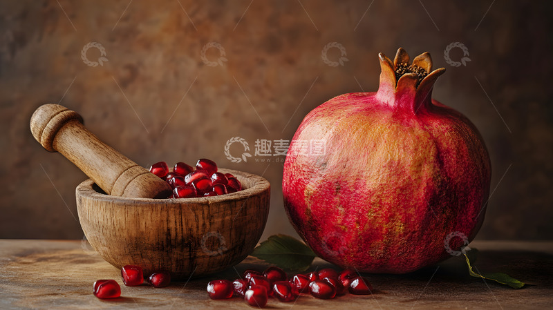高清大图下载【趣麦麦图】石榴健康水果木钵棕色背景静物特写