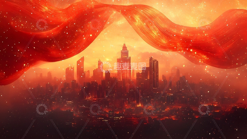 企业年会背景图红色城市天际线流动光效