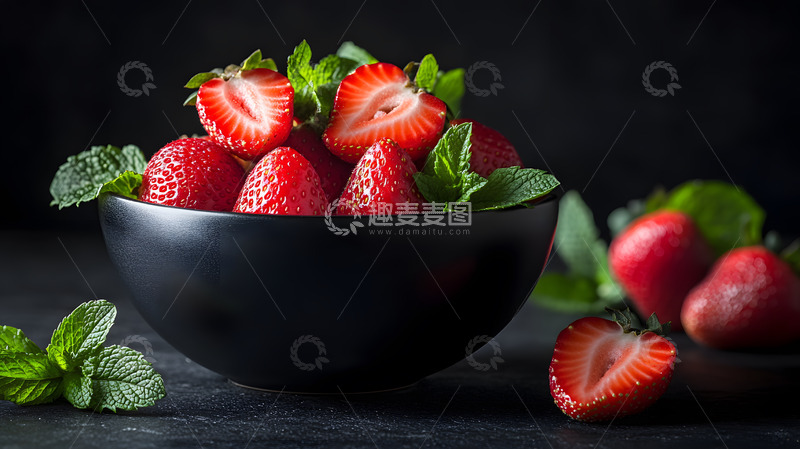 高清大图下载【趣麦麦图】黑色碗中装满新鲜草莓的静物摄影