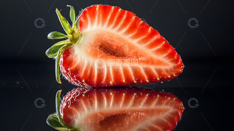 高清大图下载【趣麦麦图】草莓切片特写镜面反射上的新鲜水果