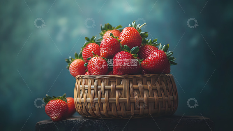 高清大图下载【趣麦麦图】竹篮装满新鲜草莓 静物摄影
