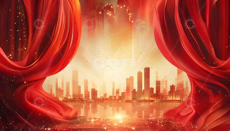 企业年会背景图红色城市天际线流动光效1