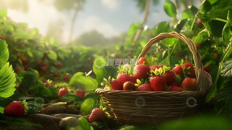 高清大图下载【趣麦麦图】草莓田中的藤篮满载新鲜草莓