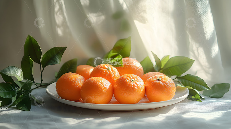 高清大图下载【趣麦麦图】橙子健康水果绿叶装饰柔和光线特写