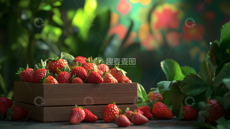 高清大图下载【趣麦麦图】新鲜草莓木盒绿色植物自然丰收特写