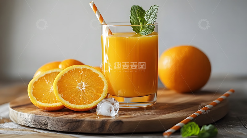 高清大图下载【趣麦麦图】橙汁健康饮品切片橙子木质背景清新特写