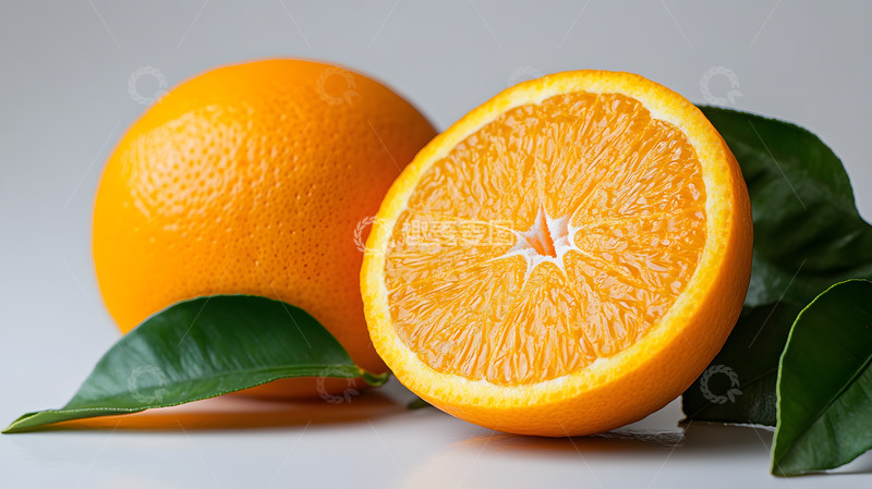 高清大图下载【趣麦麦图】橙子的切片健康水果绿色叶子浅色背景特写