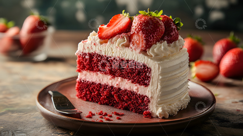 高清大图下载【趣麦麦图】红丝绒草莓蛋糕甜美美食温暖室内特写