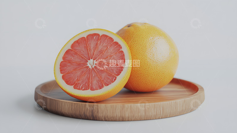 高清大图下载【趣麦麦图】木质托盘上的完整与切开葡萄柚水果图
