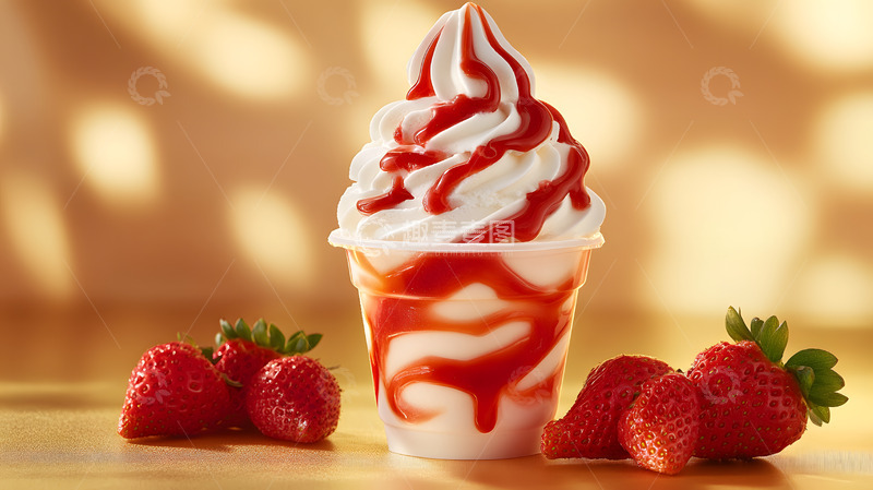 高清大图下载【趣麦麦图】草莓酱淋面软冰淇淋甜美夏日甜点特写