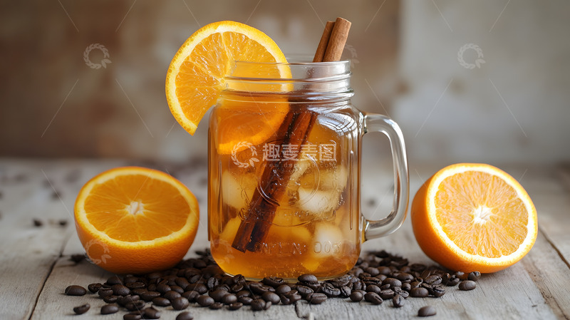 高清大图下载【趣麦麦图】橙味冰饮肉桂棒咖啡豆健康饮品特写